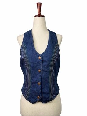 VTG Plush Bottom 70's Denim Jean Vest Hippie Indie Boho Rainbow Embroidered S/M